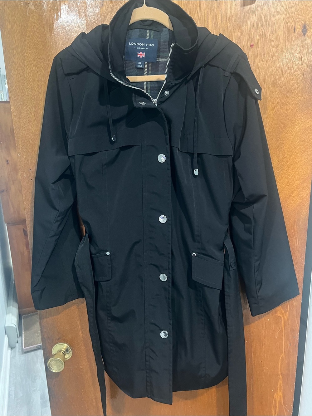 London Fog Black Hooded Belted Trench Coat